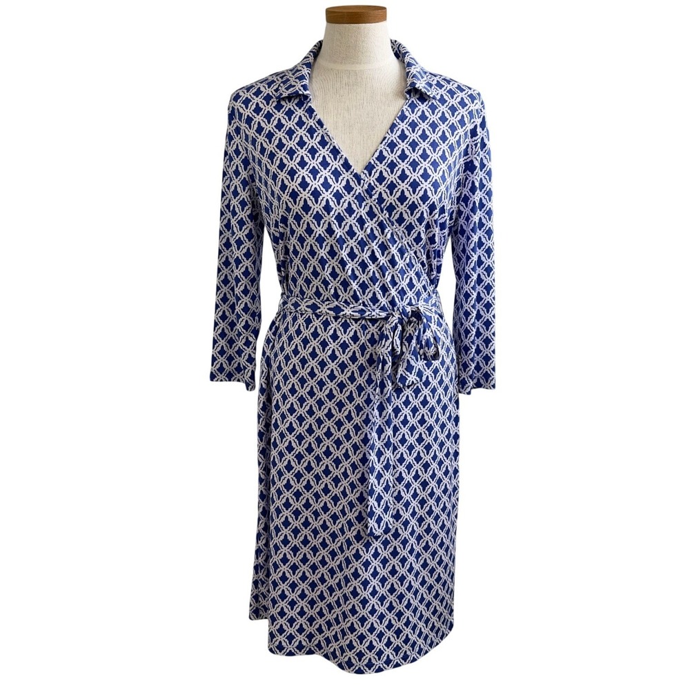 Jones New York Signature Dress Women's Small Geometric V-Neck Crossover Stretch